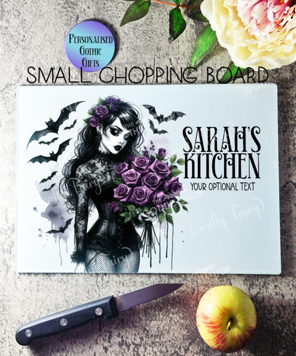 15541 personalised gothic lady purple roses chopping board 2