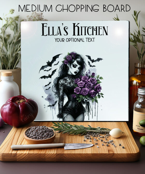 personalised belladonna goth lady purple roses gothic glass chopping board 2 size options
