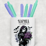 personalised belladonna goth lady purple roses gothic pen or makeup brush pot