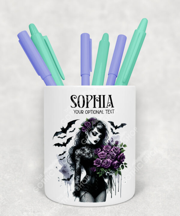 personalised belladonna goth lady purple roses gothic pen or makeup brush pot