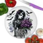 personalised belladonna goth lady purple roses gothic round glass chopping board