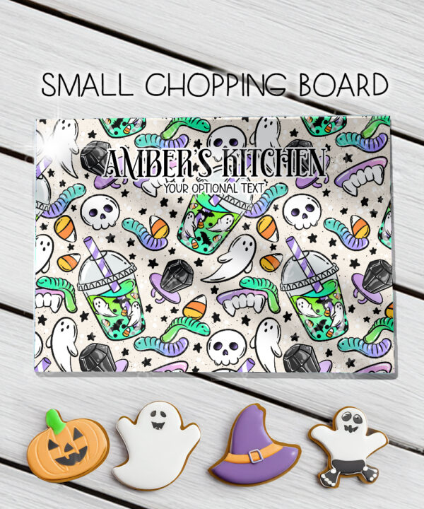 personalised spooky but sweet halloween glass chopping board or worktop protector gift