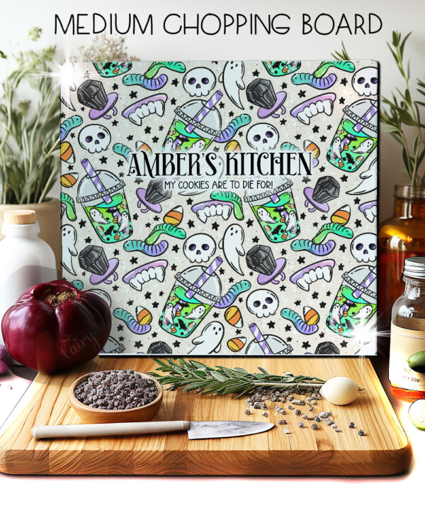 personalised spooky but sweet halloween glass chopping board or worktop protector gift