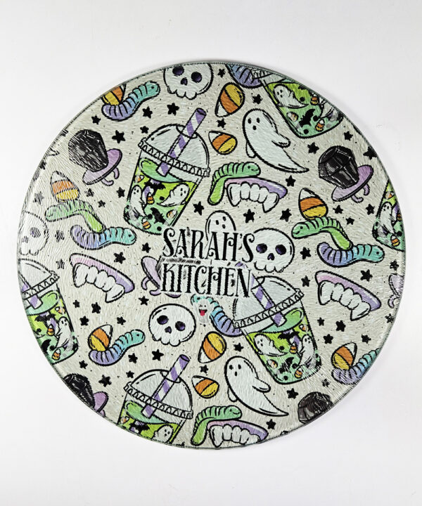spooky but sweet cream halloween glass chopping board option to personalise