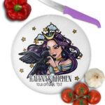 personalised night witch with raven gothic small round glass chopping board