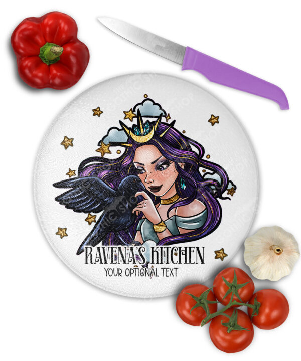 personalised night witch with raven gothic small round glass chopping board