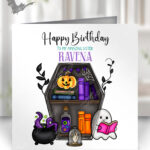 personalised spooky bookcase ghosts halloween birthday card
