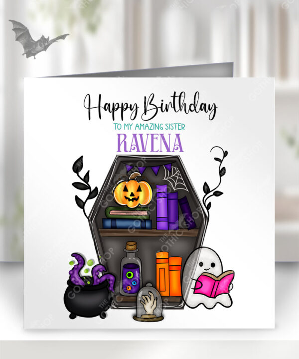 personalised spooky bookcase ghosts halloween birthday card