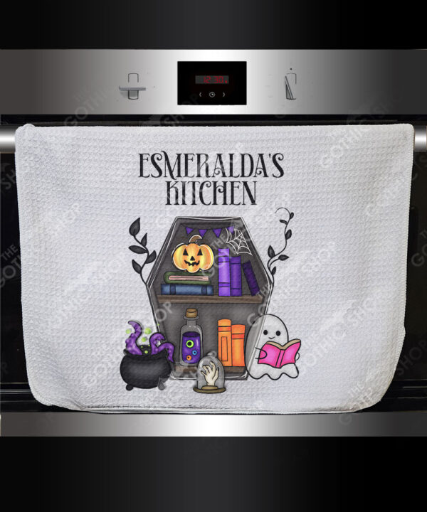 personalised spooky bookcase ghosts halloween kitchen tea towel gift (copy)