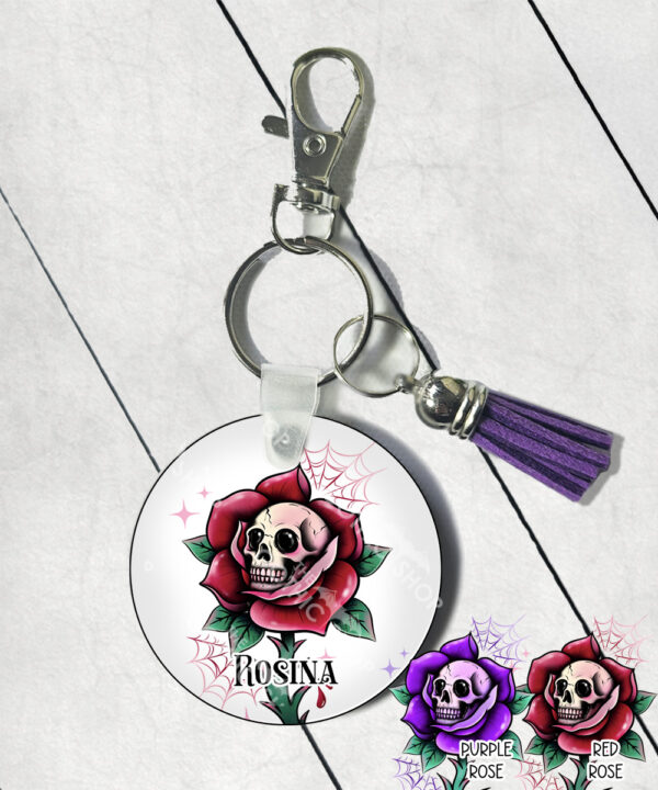 personalised dead rosey skull roses gothic round keyring
