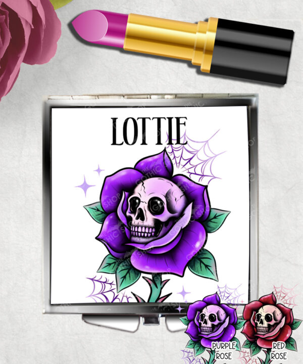 personalised dead rosey skull rose gothic slim silver square compact mirror