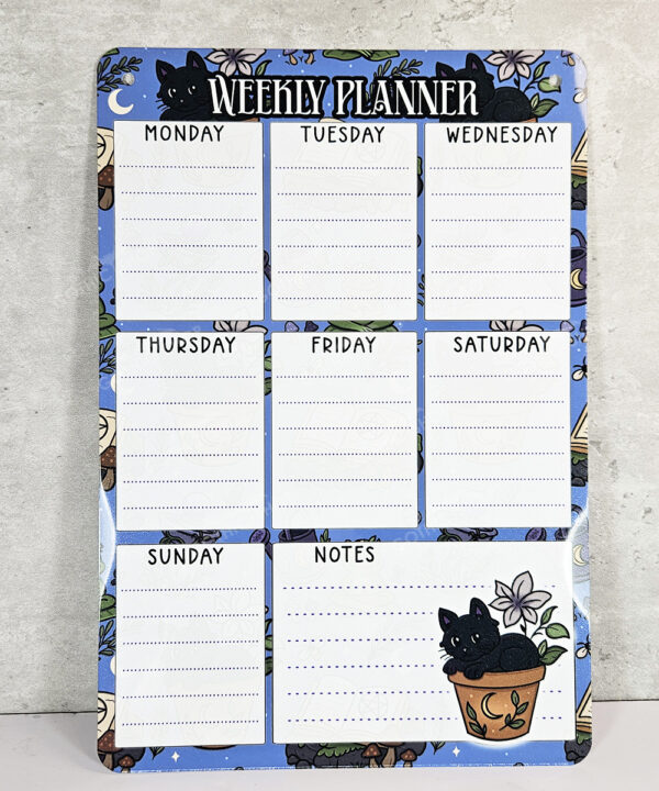 personalised bellatrix mystical black cat garden witchy weekly planner whiteboard metal sign