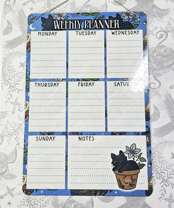 personalised bellatrix mystical black cat garden witchy weekly planner whiteboard metal sign