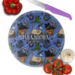 personalised mystical black cat garden witchy small round glass chopping board