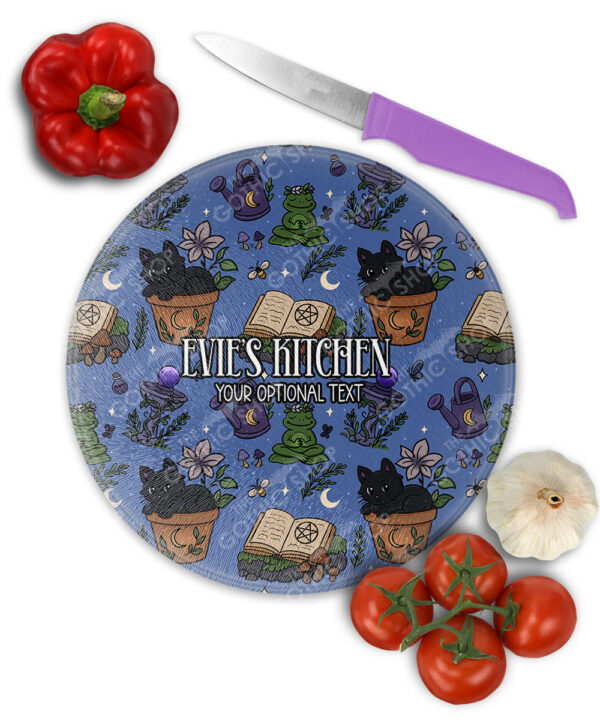 personalised mystical black cat garden witchy small round glass chopping board