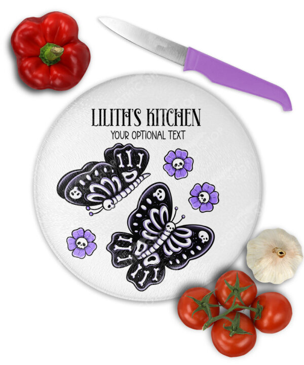 15782 personalised moths skull flowers gothic chopping board 1
