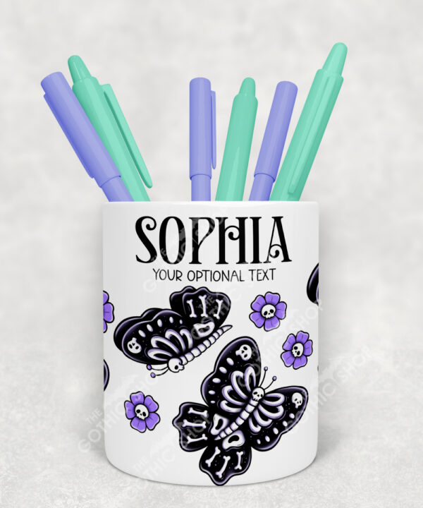 15787 personalised moths skull flowers gothic pen pot