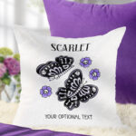 personalised flutterbone skele moths & purple skull flowers velvet cushion