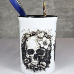flower skull large black & white pen or makeup brush pot