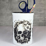 flower skull large black & white pen or makeup brush pot