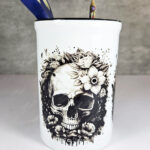 flower skull large black & white pen or makeup brush pot