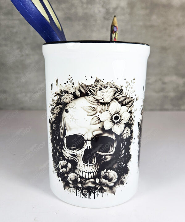 flower skull large black & white pen or makeup brush pot