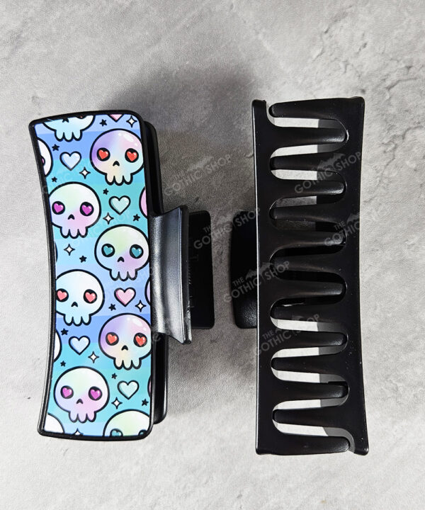 personalised kawaii heart skulls blue/green stripe gothic hair claw clip
