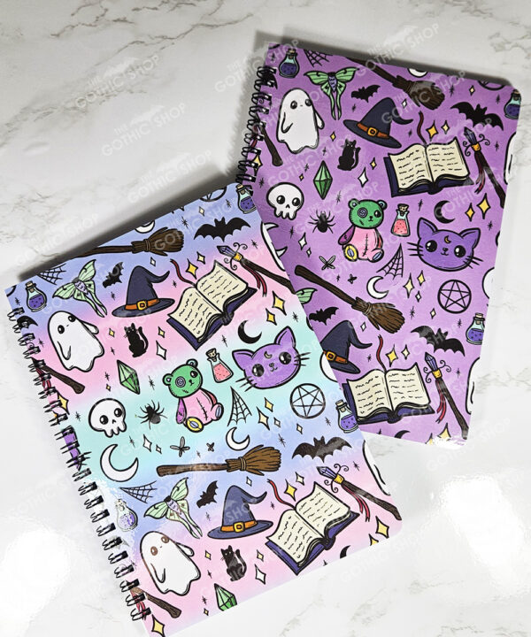 personalised cute spooky doodles on purple gothic witchy a5 notebook journal