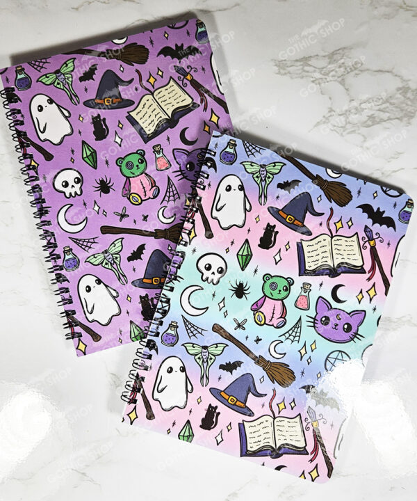 personalised cute spooky doodles on purple gothic witchy a5 notebook journal