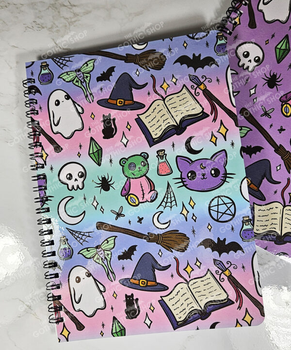 personalised cute spooky doodles on pastel stripe gothic witchy a5 notebook journal