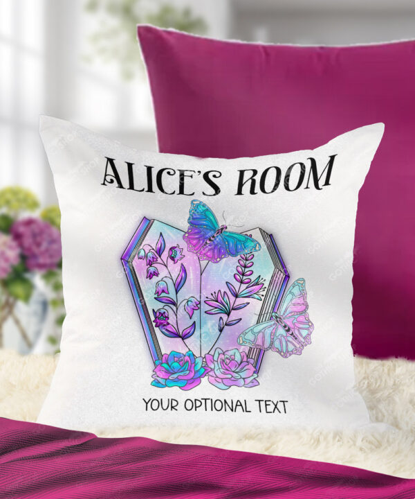 personalised pastel goth coffin book flowers & butterflies velvet cushion
