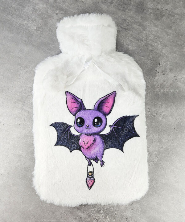 magical kawaii purple bat with potion hot water bottle with plush cover