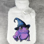 magical kawaii purple witchy frog hot water bottle with plush cover
