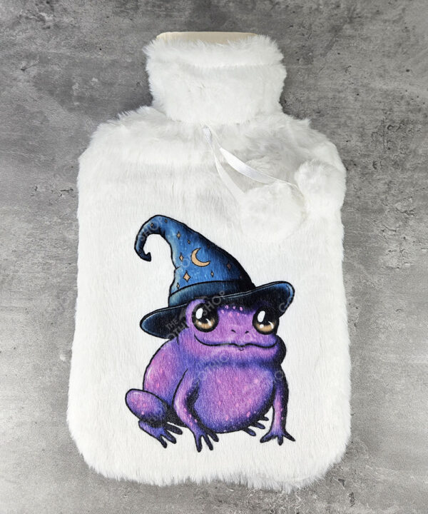 magical kawaii purple witchy frog hot water bottle with plush cover