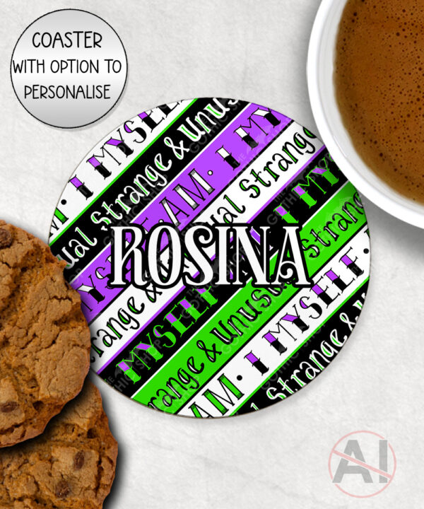 i myself am strange & unusual stripes 9cm round glossy coaster with option to personalise
