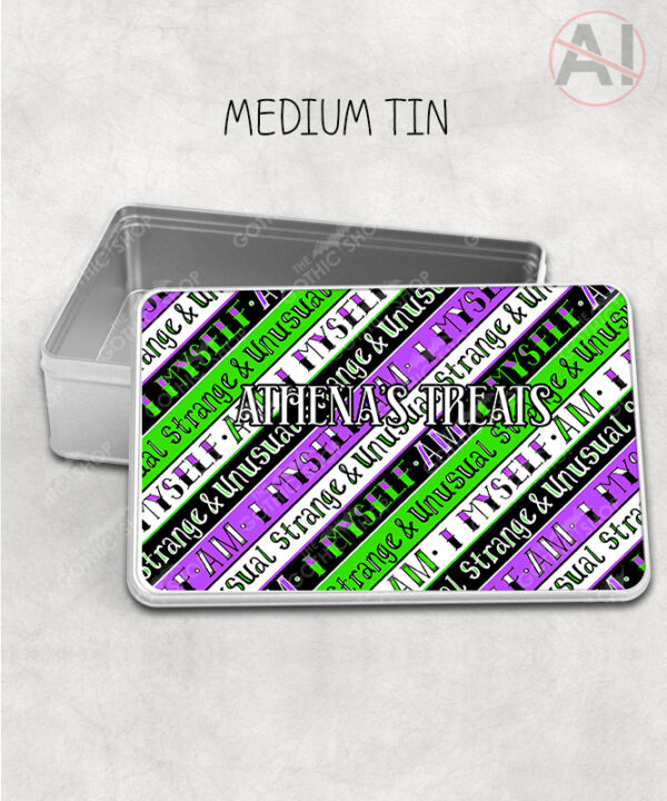 i myself am strange & unusual stripes rectangular tin 3 size options with option to personalise