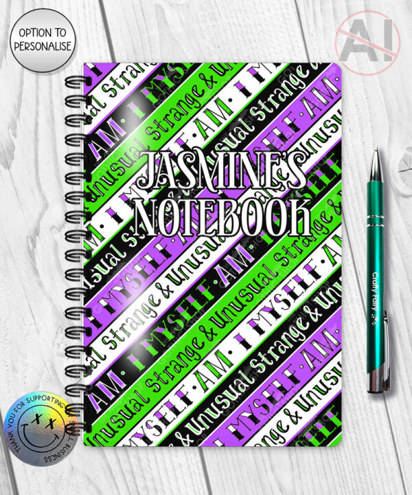 i myself am strange & unusual stripes witchy notebook journal with option to personalise