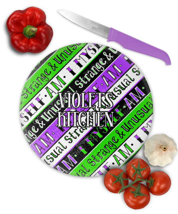 i myself am strange & unusual stripes small round glass chopping board with option to personalise