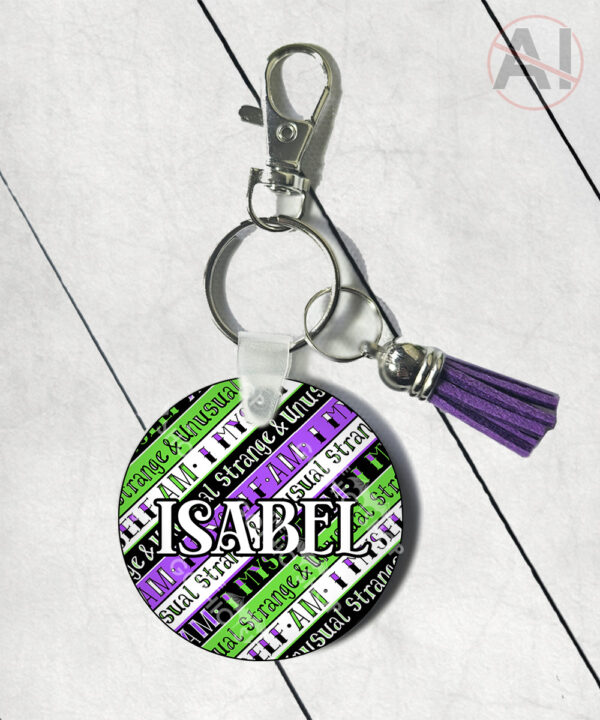 i myself am strange & unusual stripes round keyring with option to personalise
