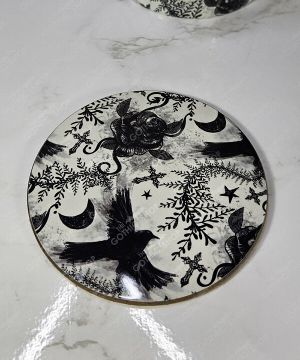ravens & roses grey 9cm round glossy coaster with option to personalise