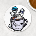 skeleton & ghostie hot chocolate gothic 9cm round glossy coaster with option to personalise