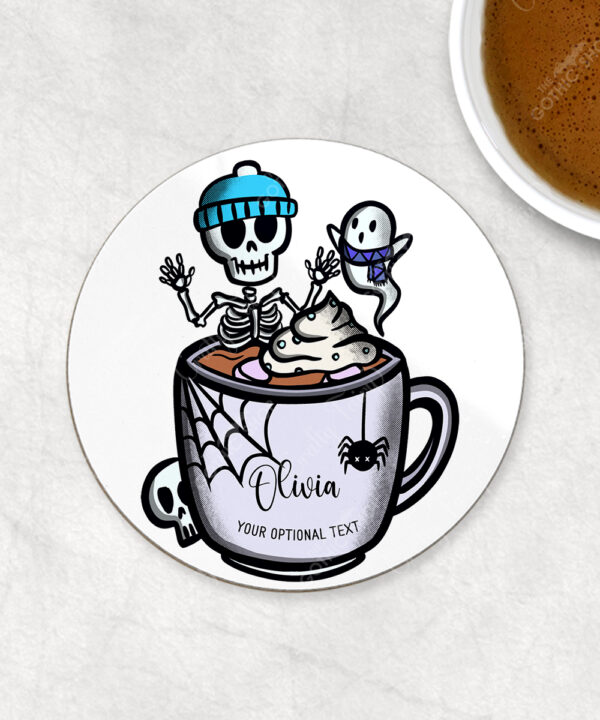 skeleton & ghostie hot chocolate gothic 9cm round glossy coaster with option to personalise