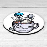skeleton & ghostie hot chocolate gothic 9cm round glossy coaster with option to personalise