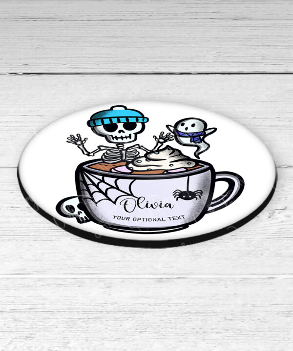 skeleton & ghostie hot chocolate gothic 9cm round glossy coaster with option to personalise