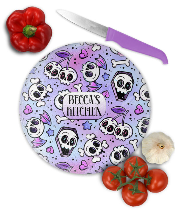 18649 personalised cherry skull purple chopping board 2