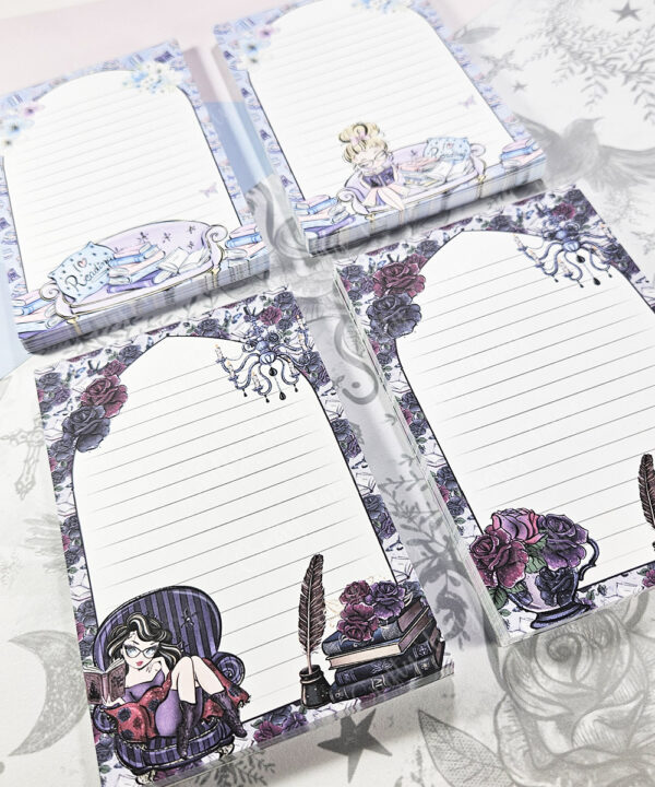 whimsical dark academia book lover lady bookish a6 notepad stationery