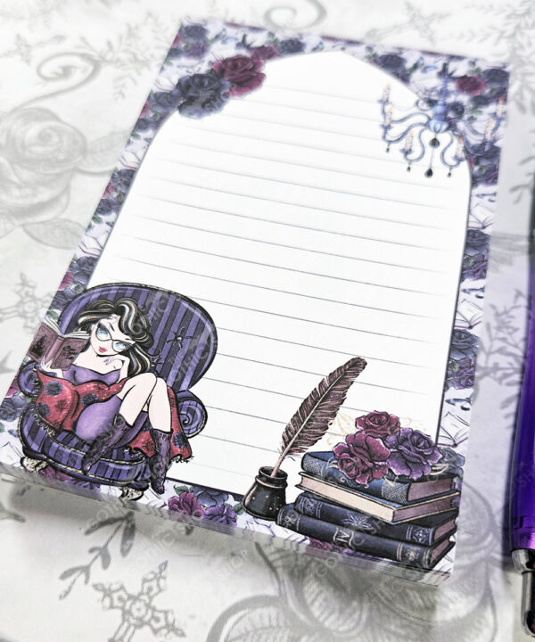 whimsical dark academia book lover lady bookish a6 notepad stationery