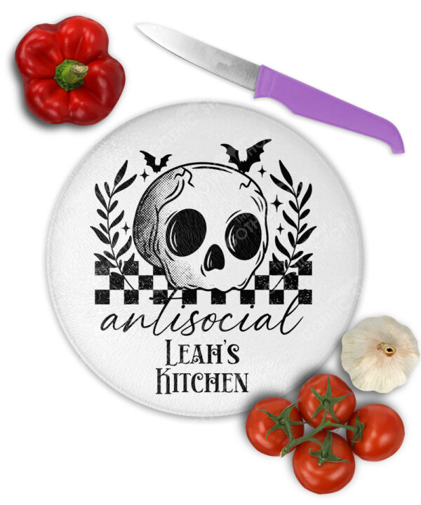 18822 antisocial personalised skull gothic chopping board round 1