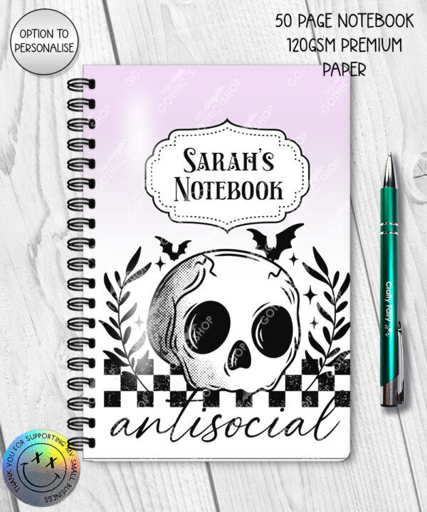 18825 antisocial personalised skull gothic a5 notebook 1