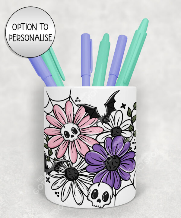 18869 skellie flower personalised gothic pen pot 1